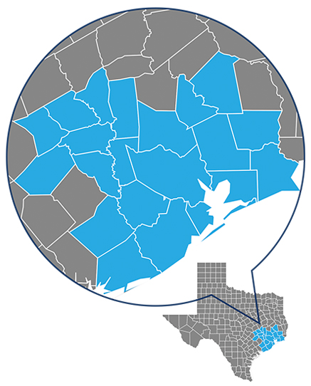 Mapa de los condados que pueden afiliarse a ACU de Texas